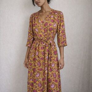 dRA Los Angeles Mustard Floral Boho Prairie Midi Dress Size Small